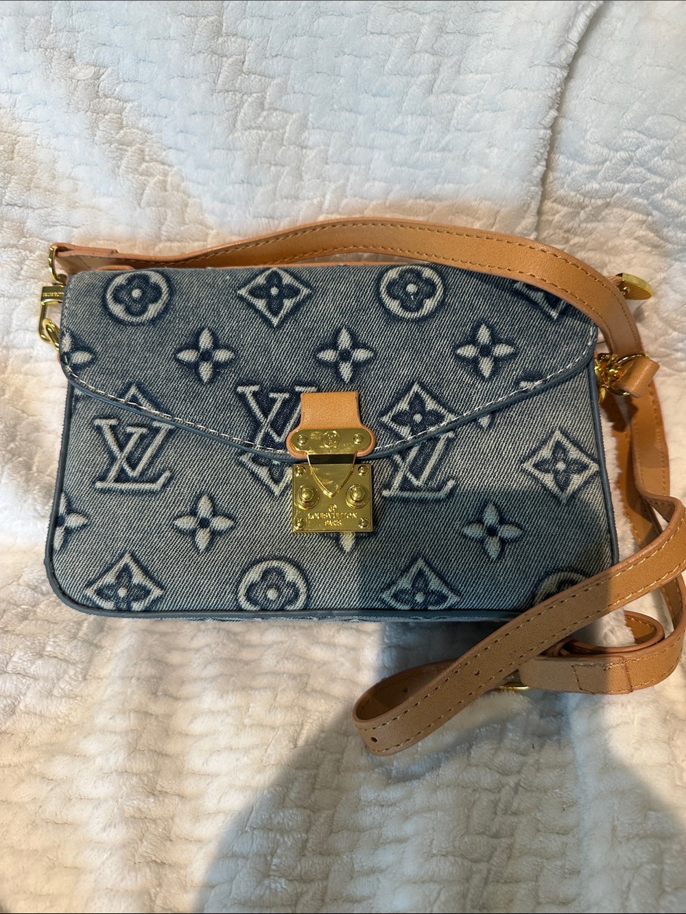 Denim Monogram Crossbody with Tan Leather Trim